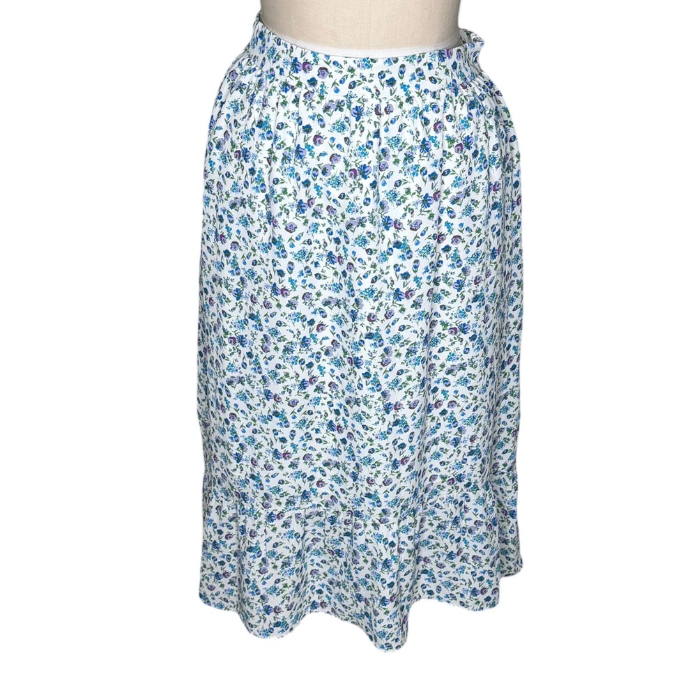 H HALSTON Floral Midi Skirt White Blue Ditsy Print Ruffle Women's Size XS Preppy